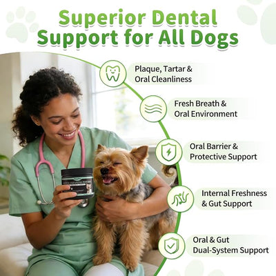 Dog Dental Powder, Teeth Cleaning Powder, Plaque & Tartar Off, Fresh Breath Support, No Brushing Oral Care, Mint Chicken Flavor, 150 Servings