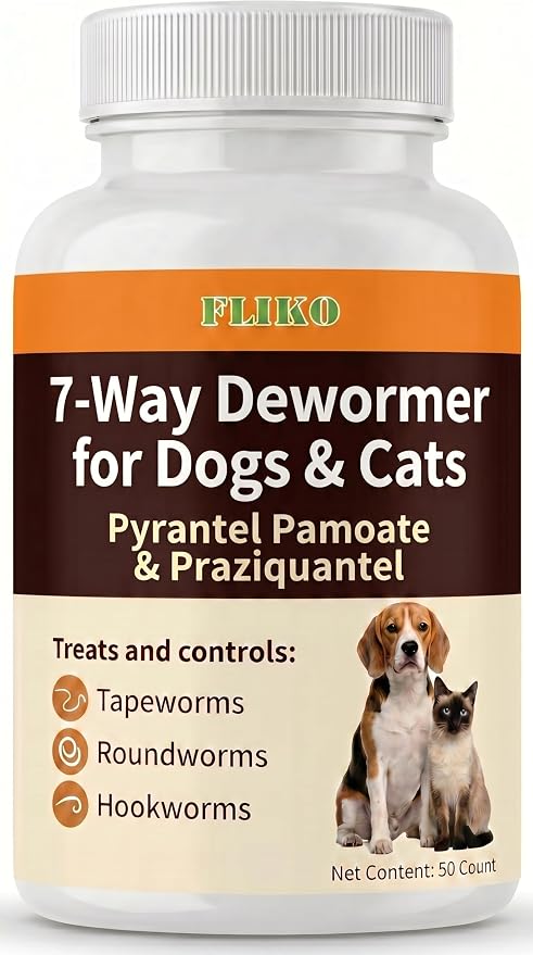FLIKO 7 Way Dewormer Flavored Chewables for Dogs & Cats, Pyrantel Pamoate & Praziquantel, Safe for 4 Weeks and Older, 50 Count