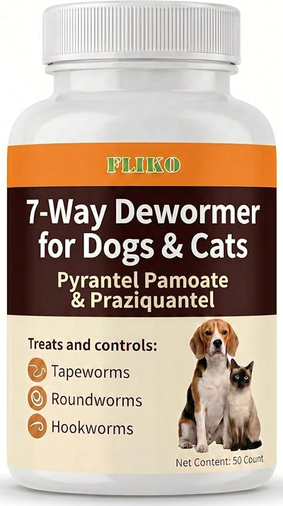 FLIKO 7 Way Dewormer Flavored Chewables for Dogs & Cats, Pyrantel Pamoate & Praziquantel, Safe for 4 Weeks and Older, 50 Count