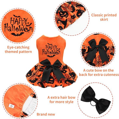 CuteBone Halloween Dog Dresses Velvet Holiday Small Dogs Clothes Onesie Pet Apparel Girl Puppy Skirt with Bow Hair Rope