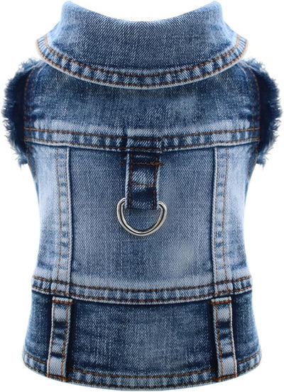 Cool Dog Jean Jacket Vest with D-Ring Blue Denim Dogs Outfits for Small Medium Dogs Cats Boy Male Dog Clothes Costume Dogggie Puppy Harness Coat for Frenchie Walking(Blue with D-Ring,XS)