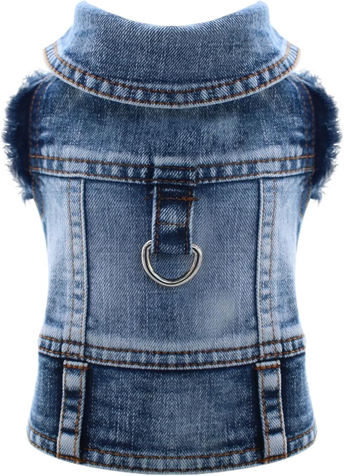 Cool Dog Jean Jacket Vest with D-Ring Blue Denim Dogs Outfits for Small Medium Dogs Cats Boy Male Dog Clothes Costume Dogggie Puppy Harness Coat for Frenchie Walking(Blue with D-Ring,L)