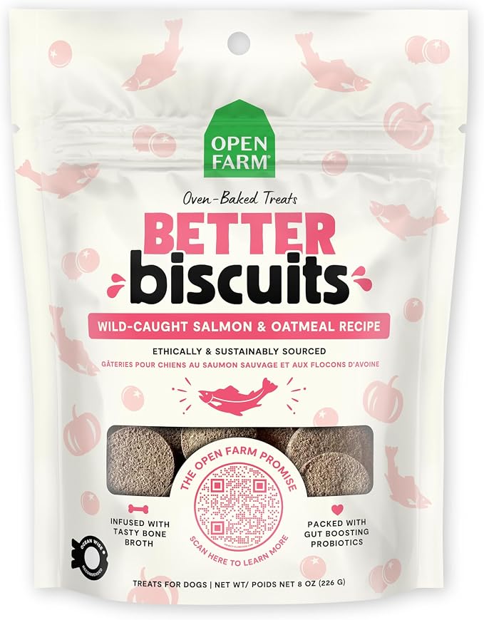 Open Farm Better Biscuits, Oven Baked Dog Treats with Probiotics, Wild-Caught Salmon & Oatmeal Recipe, 8oz Pouch