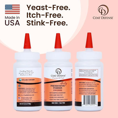 COAT DEFENSE Daily Preventative Powder | Made in USA | 4.2oz Precision Point Waterless Dog Shampoo & Pet Deodorizer for Smelly Dogs | Provides Anti Itch Relief | Dog Dry Shampoo for Dry Itchy Skin