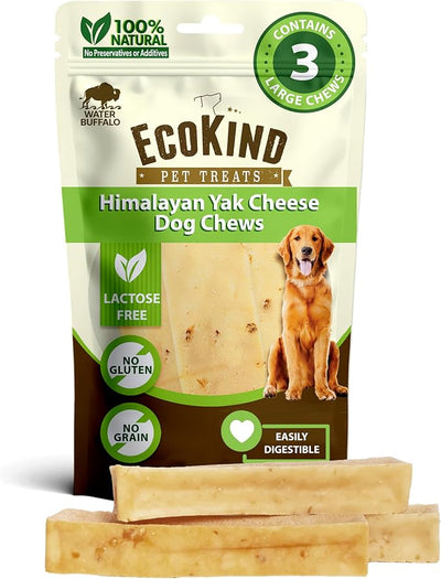 EcoKind Yak Cheese Himalayan Dog Chews, Yak Chews for Large Dogs, Long Lasting Bone for Aggressive Chewers, 4 Ingredients, Natural High Protein Dog Treats, No Additives, Water Buffalo, Large - 3 Chews