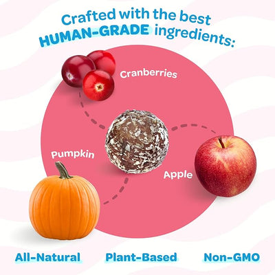 Pumpkin Dog Treats with Cranberry & Apple - Healthy Dog Treats - Soft, Natural, Grain Free, Low Calorie, Gluten Free, Non-GMO, Clean & Nutritious Ingredients - 3pk (54 Treats)