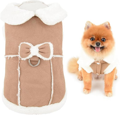 SMALLLEE_LUCKY_STORE Fleece Dog Coat for Small Dog Pet Harness Jacket with Bow and D-Ring, Soft Vest Fall Winter Clothes with Fuzzy Collar Chihuahua Yorkie Cat Apparel, Khaki, S