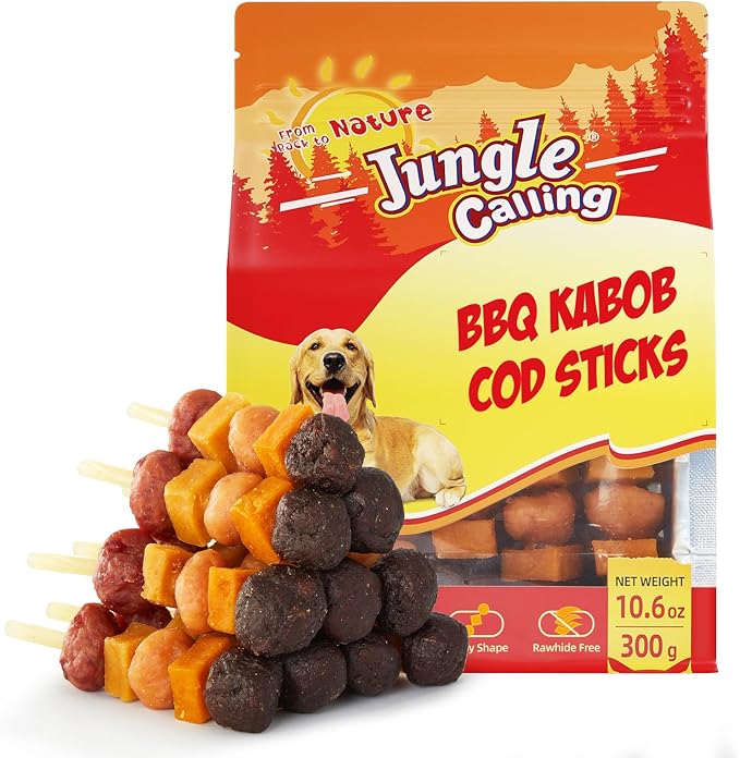 Jungle Calling Dog Treats,Dogs Kabob with Cod Stick, Rawhide-Free Chews, Made with Chicken, Duck, Beef, Sweet Potato and Pumpkin