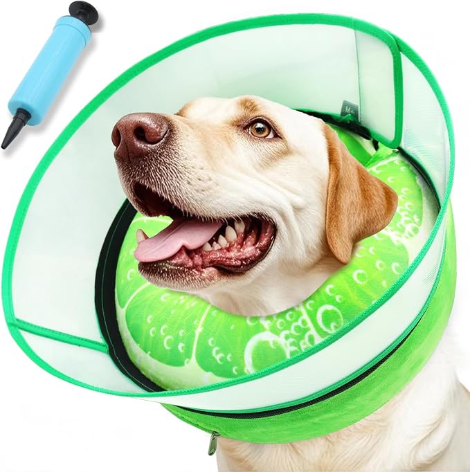 Upgraded Inflatable Dog Cone Collar with Transparent Anti-Licking Shield, Adjustable Elizabethan Collar for Medium Large Dogs, 2-in-1 Design with Detachable Shield and Soft Padding (XL, Lime)