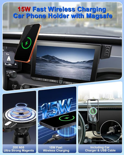 PZK Dual Car Phone Mount for Toyota RAV4 2026 Accessories 10.5-Inch Screen | Magnetic 15W Fast Wireless Charger Phone Holder 360° Rotation Phone Cradle Hands-Free Not Affect Vent (Not Fit 12.9-Inch)