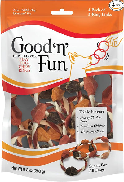 Good ’n’ Fun Triple Flavor Play-Tug-Chew Rings 4 Count, Snack For All Dogs