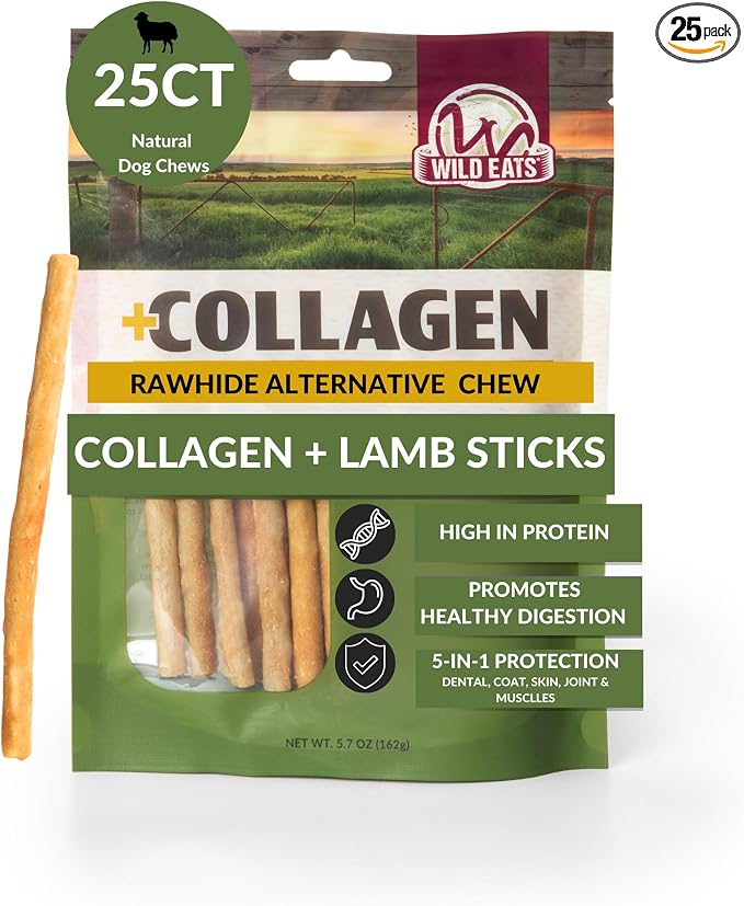 Wild Eats Lamb Collagen Sticks for Dogs (25 Pack, 0.6 cm Wide) Long Lasting Dog Chews No Hide Dog Treat Bully Stick Alternative, Rawhide Free, Grain Free, High Protein