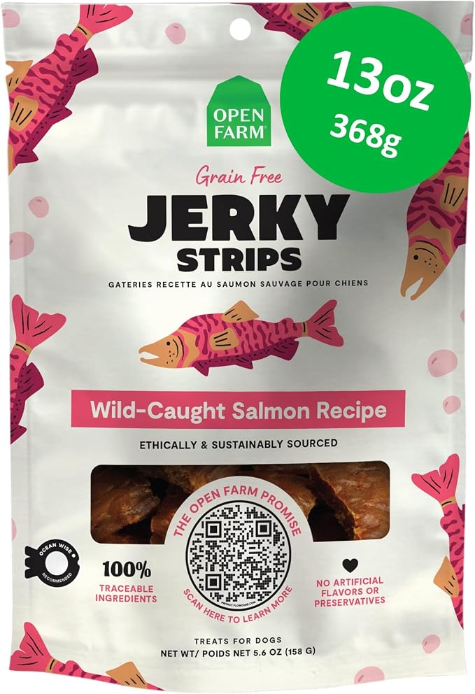 Open Farm, Dog Jerky Treats, Soft & Chewy Oven-Baked Jerky Strips Made with Ethically & Sustainably Sourced Ingredients, Protein Packed Dog Treats, Grain Free Wild Caught Salmon Recipe,13oz Pouch