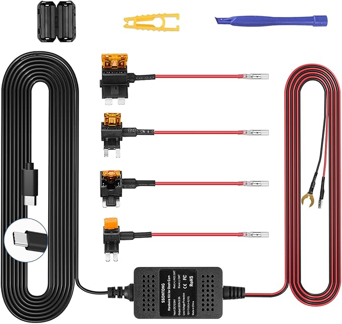 Upgraded Dash Cam Hardwire Kit, Type-C USB Hard Wire Kit 12V-24V to 5V Hardwire Kit with Low Voltage Protection 13ft Dash Cam Charger Power Cord for Dashcam GPS Power Supply Radar Detectors and More