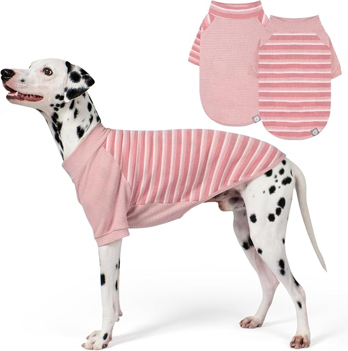 KYEESE 2Pack Waffle Dog Shirt with Sleeves, Lightweight Dog T Shirts for Medium Large Dogs Girl, Breathable Pet Tee Shirts Soft Dogs Clothes for Daily Wear, Pink+Striped, 2XL