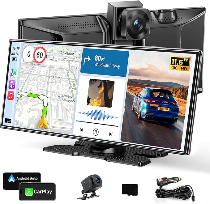 11.5" Largest Wireless Carplay Screen for Car, Portable A pple Carplay & Android Auto Touch Screen, 4K Dash Cam/App Control/1080p Backup Camera/Mirror Link/Voice Control/GPS/Bluetooth,for All Vehicles