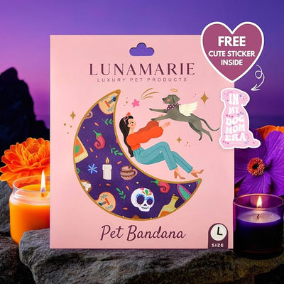 LunaMarie - Luxury Dog Bandanas - Dia De Los Muertos Design | Premium & Silky Poly Fabric | 100% Handmade | Custom Shape Dual Layered Reversible Small, Medium, Large Cat Scarf (Day Of The Dead, Large)