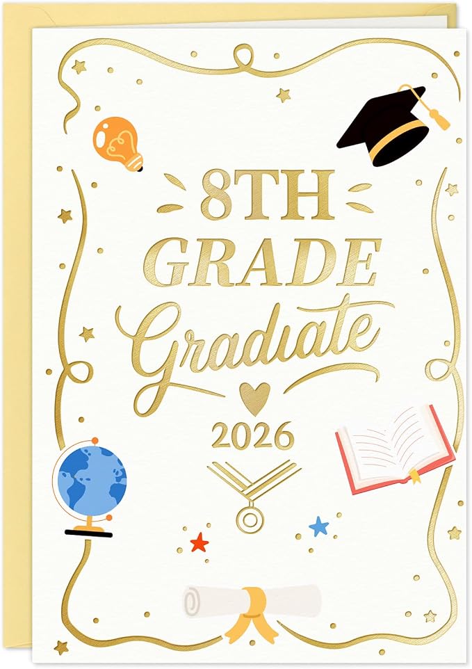 FLYAB 8th Grade Graduation Card - 2026 Gold Foil Middle School Promotion Card with Envelope Grad Gift for Her Him Boys Girls Son Daughter Granddaughter Grandson(5.5x8 Inch)