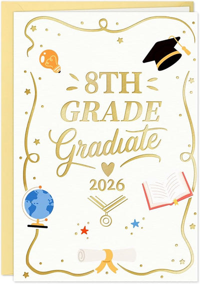 FLYAB 8th Grade Graduation Card - 2026 Gold Foil Middle School Promotion Card with Envelope Grad Gift for Her Him Boys Girls Son Daughter Granddaughter Grandson(5.5x8 Inch)