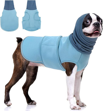 KOESON Dog Anxiety Relief Vest with Ear Cover, Soft & Breathable Dog Thunder Jacket for Thunderstorm, Fireworks, Travel, Separation, Reflective Calming Hoodie for Small Dogs, Blue S