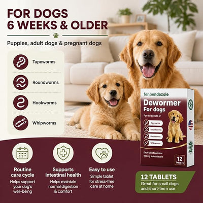Dewormer for Dogs, Fenbendazole for All Wormers, Hookworms, Tapeworms, Whipworms and Roundworms, 12 Count