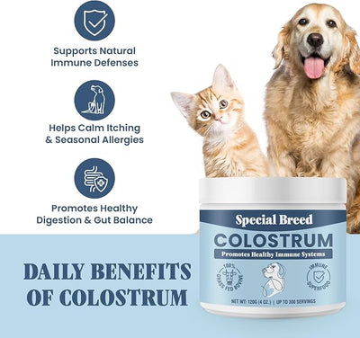 Bovine Colostrum for Dogs and Cats – Grass Fed Colostrum Powder – Immune Support, Allergy & Itch Relief – Gut Health & Seasonal Allergy Defense – 300 ct