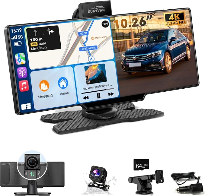 Kuayvan 10.26" Wireless Carplay Screen for Car with 4K Dash Cam, Portable Apple Carplay & Android Auto Touchscreen with 1080p Backup Camera/Mirror Link/Voice Control/GPS/Bluetooth,for All Vehicles