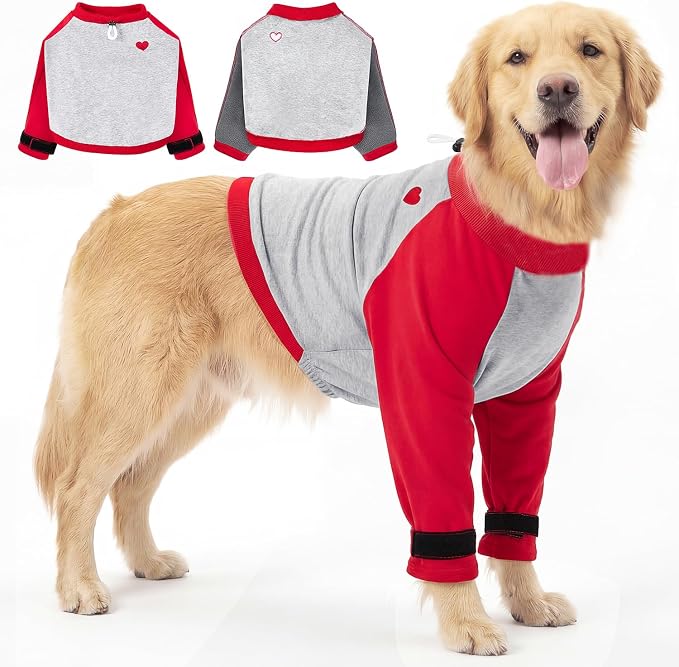 Lukovee Recovery Suit for Dogs - Padded Elbow Protector to Stop Licking, Long Sleeve for Pet Male Female Dog Front Leg Injuries Shoulder Wounds After Surgery Cone Alternative (Red&Gray,XL)