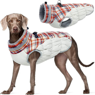 FUAMEY Dog Coat for Large Dogs,Waterproof Dog Winter Jacket with Harness Built in Puppy Cold Weather Coats Reflective Pet Vest with Zipper Warm Fleece Dogs Snowsuit Windproof Red Plaid XXL