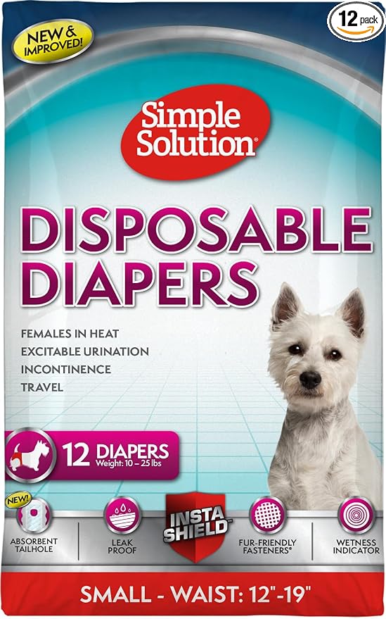 Simple Solution Disposable Female Dog Diapers, Absorbent Leak Proof Protection for Incontinence, Puppy Training, Heat Cycle, Travel, and Housebreaking, Small Dogs, 15–19 Inch Waist, 12 Count