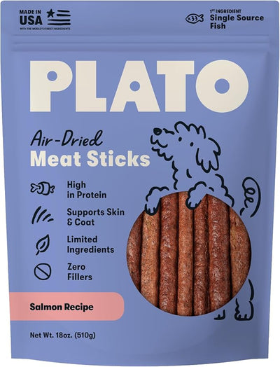 Plato Meat Sticks Salmon Dog Treats, Air-Dried High-Protein Soft Chews with Omega Fish Oil (EPA & DHA), 18 oz