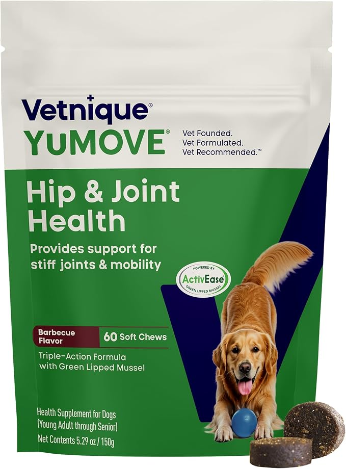 YuMOVE Adult Dog Hip & Joint Chew ActivEase Green Lipped Mussel, Glucosamine for Dogs, Hyaluronic Acid & Omega 3, Vet Formulated Mobility Support (60ct Chews, Regular Strength)