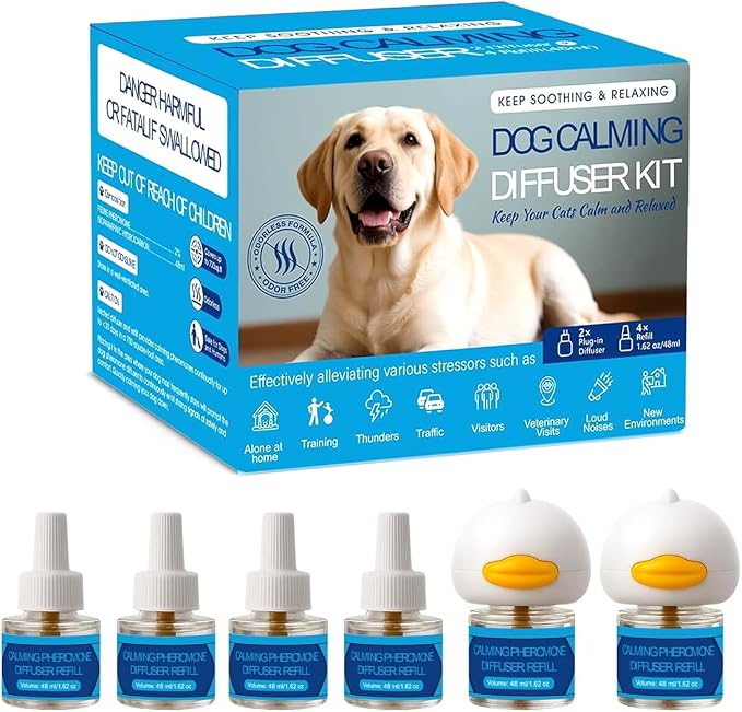Dog Calming Pheromones Diffuser 6 in 1 Kit Appeasing Pheromone Diffuser to Calm (2 Plug in+4 Pack 48ml Refill) for Anxiety Relief Reduce Aggression Fighting Barking Stress 120 Day Supply