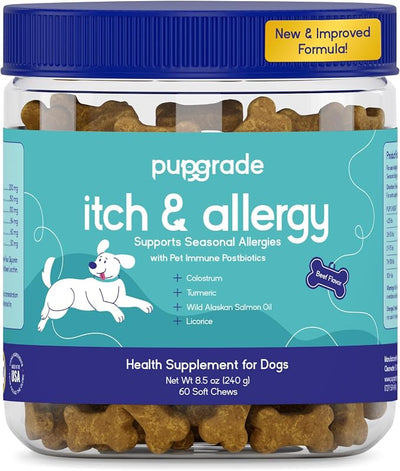 PupGrade Itch & Allergy Soft Chews for Dogs – Helps Reduce Occasional Itching – Skin & Coat Support Supplement with Pet Immune Postbiotics & Salmon Oil – Probiotic Immune & Gut Support – 60 Count