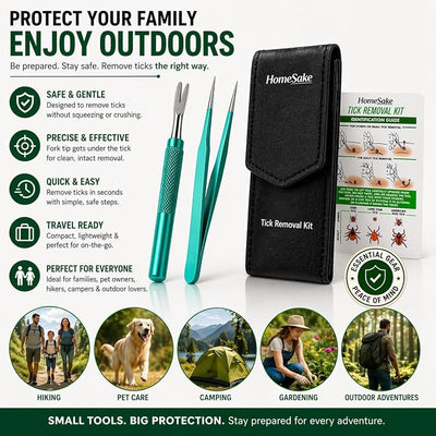 Homesake Tick Remover Tool for Dogs, Cats & Humans | Deer Tick Remover Kit | Stainless Steel Tick Removal Tool with Fine Tip Tweezers | Removes Entire Tick Head & Body | Pouch & ID Card