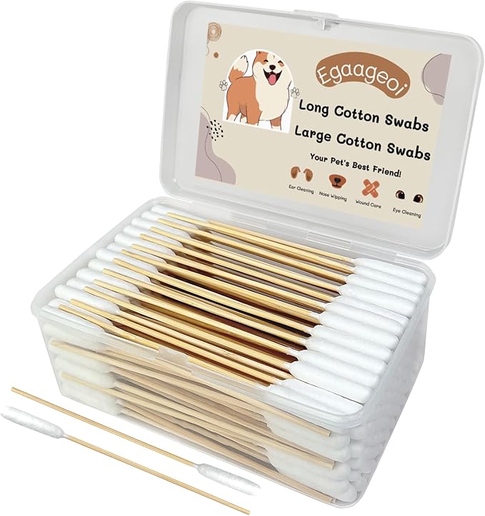 Egaageoi 200 Pcs 6-Inch Long Cotton Swabs for Dog Ears with Bamboo Handle | for Dog Ear Care, Gun Cleaning, Electronics Cleaning, Makeup, Crafts | with Soft Cotton, Gentle Lint-Free Tips for Pet Owner