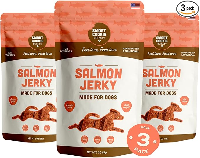 Smart Cookie Salmon Jerky Dog Treats - DHA, Omega Strips for Dogs & Puppies with Allergies, Sensitive Stomachs with Wild Caught Alaskan Salmon- Dehydrated, Grain Free, Made in USA - 3oz Bag, Pack of 3