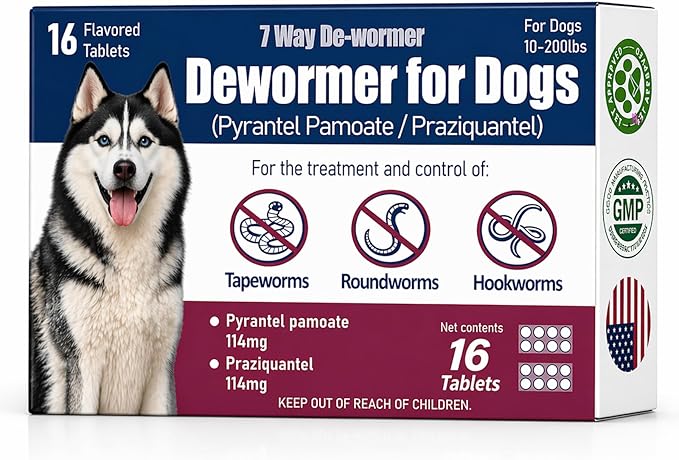 7-Way Dewormer for Dogs, Wormer for Tapeworms, Roundworms & Hookworms in Large Medium Dogs & Puppies (Over 10 lbs), with Praziquantel & Pyrantel Pamoate, 16 Tablets
