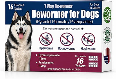 7-Way Dewormer for Dogs, Wormer for Tapeworms, Roundworms & Hookworms in Large Medium Dogs & Puppies (Over 10 lbs), with Praziquantel & Pyrantel Pamoate, 16 Tablets