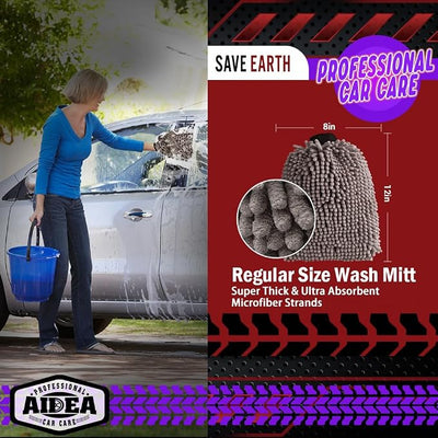 AIDEA Car Wash Mitt Microfiber, 2PK, Car Wash Brush, Grey, 8''X12'' | Scratch Free Lint Free Premium Chenille Microfiber Mitt, Cleaning Supplies, Extra Large Size