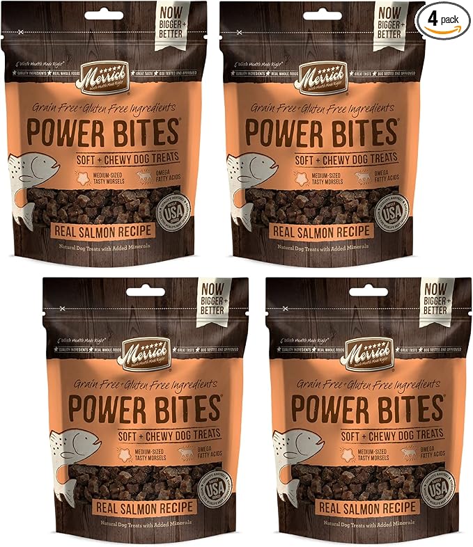 Merrick Power Bites Soft & Chewy Dog Treats - Real Salmon Recipe 6 oz - Pack of 4