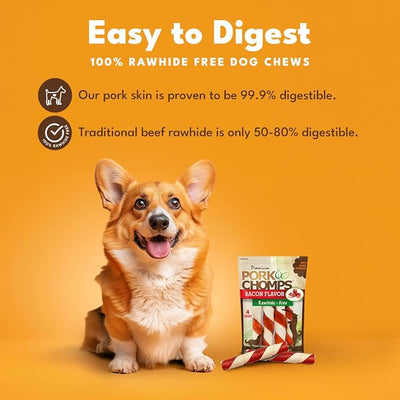 Pork Chomps Baked Pork Skin Dog Chews, 6 Inch Twists, 4 Count - Bacon Flavor Wrap - Long-Lasting Treats for Dogs - High Protein, Rawhide-Free, Low Fat, Healthy & Delicious Chews