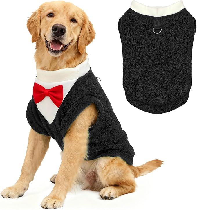 Cute Dog Fleece Sweater with D-Ring, Fall Winter Dog Clothes Tuxedo Costume with Bowtie, Soft Puppy Sweatshirt Golden Retriever Apparel Doberman Outfits for Small Medium Large Dogs(Black,8XL)