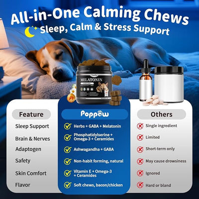 Dog Melatonin Calming Chews for Nighttime Sleep, Natural Relaxation & Stress Support for Dogs & Puppies Calming Treats, Barking, Separation, Anxiety, Fireworks, Upgraded Bacon Flavor, 90Ct