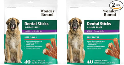 Wonder Bound Beef Flavor Dental Sticks for Large Dogs (Over 30 lbs), 6-Ridge Shape for Plaque & Tartar Control, Freshens Breath, Formulated with Vitamin C, 40 Count (Pack of 2)