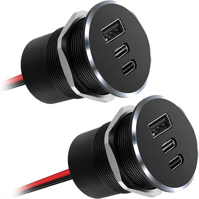 78W 3-Port 12V USB Outlet,Dual 30W PD3.0 Type-C + 18W QC3.0 USB-A Car Charger, Aluminum RV USB Power Socket with Silver Ring, Cigarette Lighter Replacement for Boat Truck Marine Car (2Pcs) | multi-layer safety protection heat dissipation use glare-free...