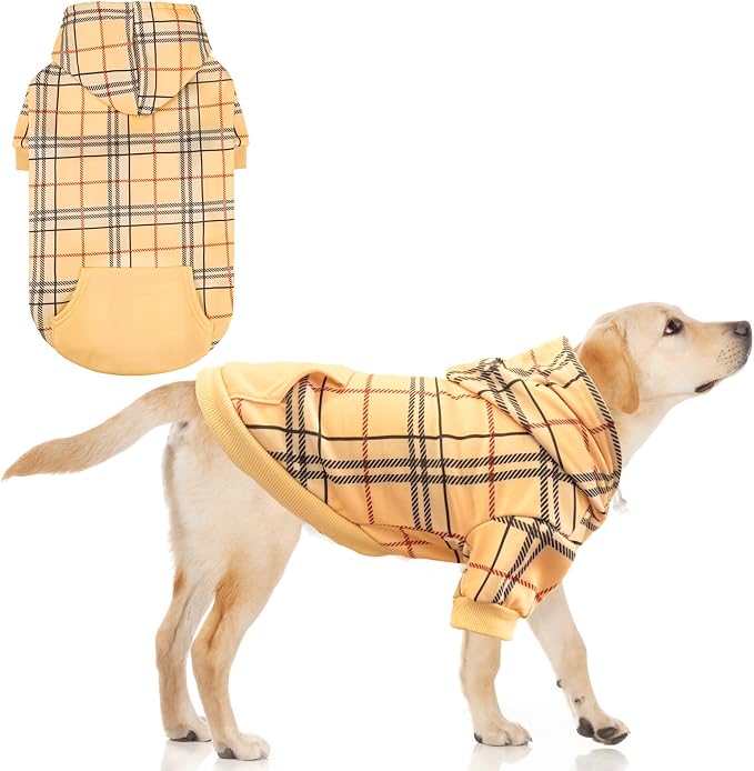 KOOLTAIL Plaid Dog Hoodie for Small Medium Large Dogs,Pet Clothes Sweater with Hat and Pocket for Cold Weather Winter, Soft&Warm Doggy Hooded Sweatshirt Coat Outfit for Puppy Cats Girls Boys Khaki L