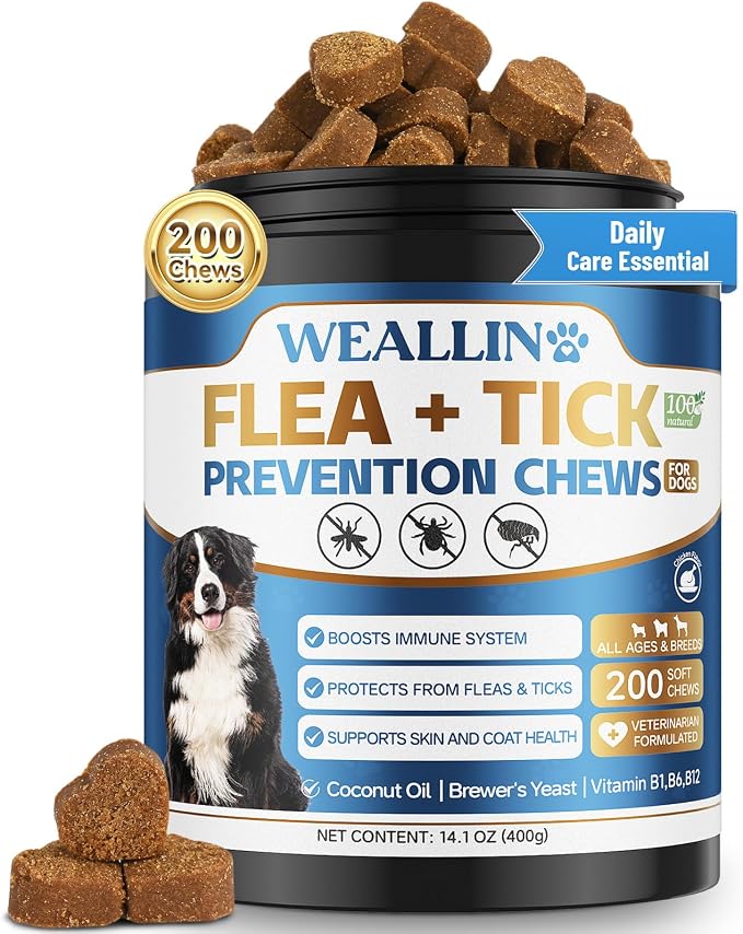 Flea and Tick Prevention for Dogs, 200 Soft Chews for Dog Fleas Ticks Treatment, Natural Dogs Oral Flea Chewables Support Supplement, Flea and Tick Chews for All Breeds & Sizes