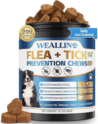 Flea and Tick Prevention for Dogs, 200 Soft Chews for Dog Fleas Ticks Treatment, Natural Dogs Oral Flea Chewables Support Supplement, Flea and Tick Chews for All Breeds & Sizes