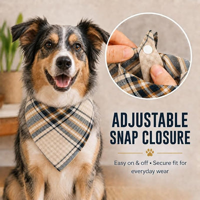 Valentine Embellished Plaid Dog Bandana - Adjustable Soft Triangular Scarf for Dogs, Chic Daily Wear,Beige & Navy Large
